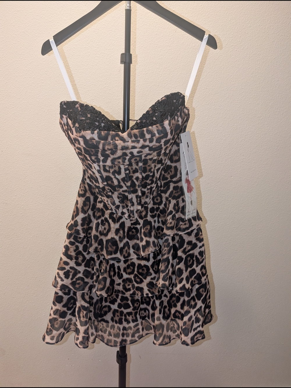 Leopard Print Tiered Mini Dress with Lace Trim